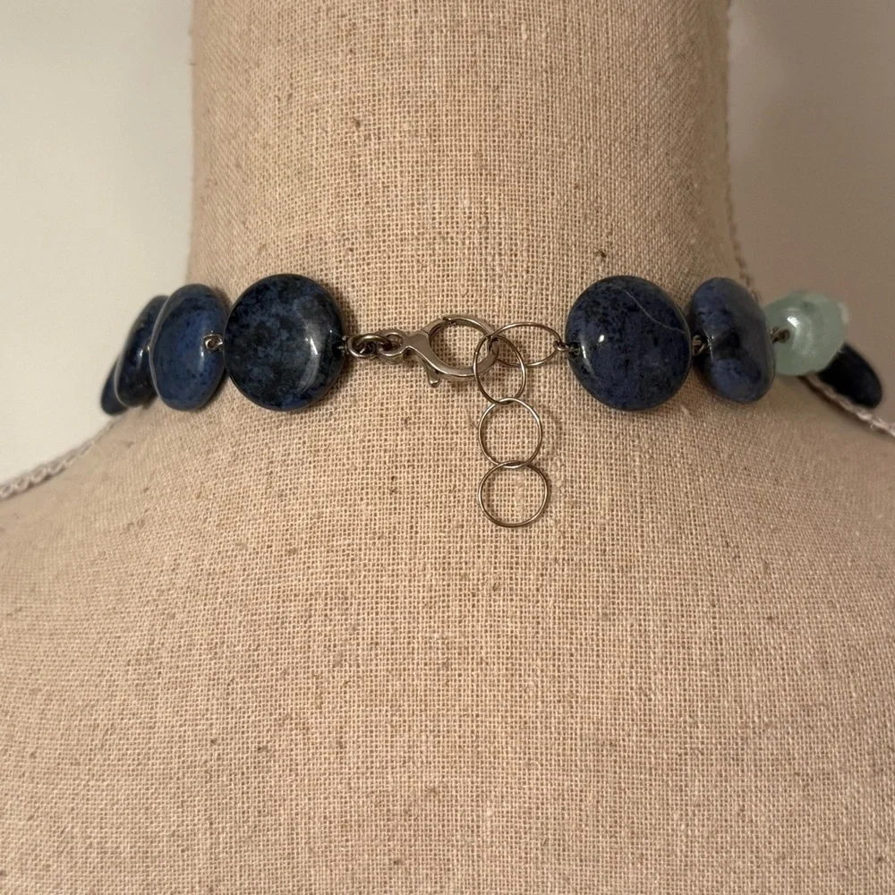 NECKLACE DUMORTIERITE BLUE & GREEN QUARTZ CHUNKY STATEMENT STERLING SILVER 925